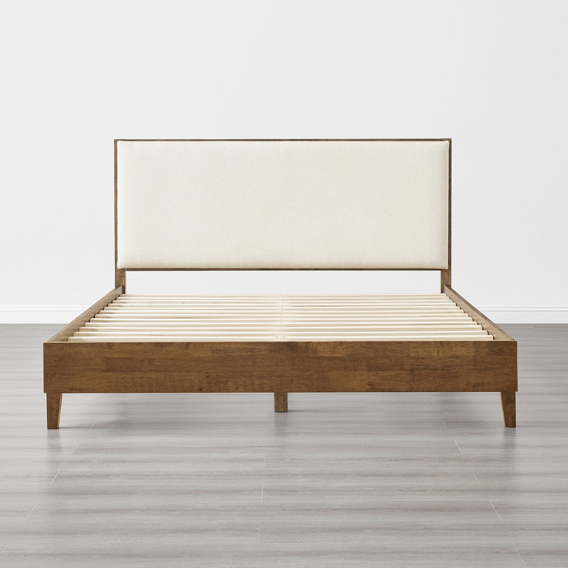 Rezana Solid Wood Boucle Upholstered Headboard Bed Frame, Full, Walnut