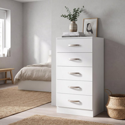 Lycinda 5 Drawer Tallboy Chest Of Drawers - Matt Finish, Scratch Resistant, Brushed Chrome Metal Handles
