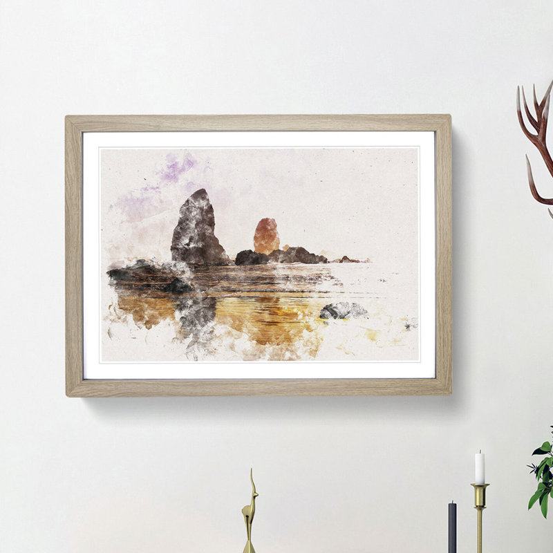 Rock Formations on a Beach in Oregon Watercolour - Picture Frame Graphic Art Print, 36cm H x 48cm W x 2cm D, Oak Framed