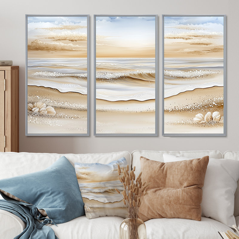 Ensemble de salon Shifting Tides In Panama II - Coastal Beach, 40" H x 60" W, Reproduction avec cadre flottant, Argent argent