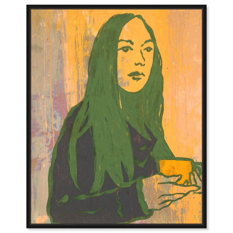 Lady Green Tea - peinture sur toile, Toile avec cadre noir, H 36 po x l 30 po
