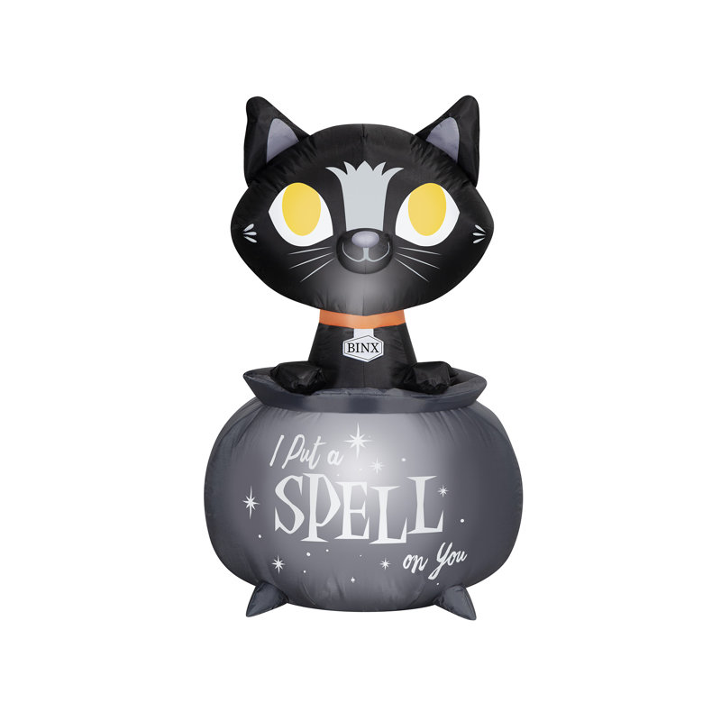 Bright White Inflatable Halloween Cat in Cauldron Decoration