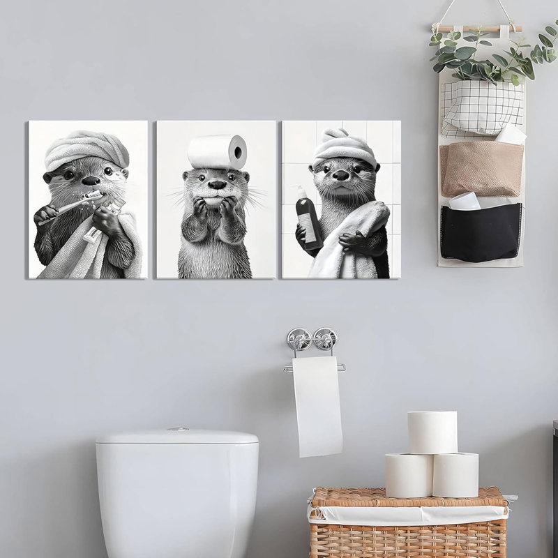 Adorable ensemble de 3 impressions murales sur toile, loutre noir et blanc