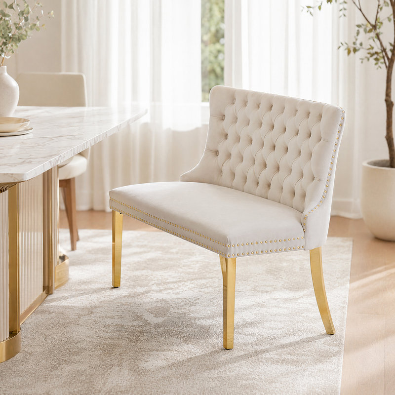 Banc de causeuse Elegant - revêtement en velours doux, dossier à oreilles capitonné, Beige, Doré