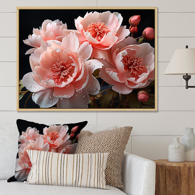 Jardin rose des délices de pivoine, Cadre flottant blanc, H 30 po x l 40 po x P 1,5 po