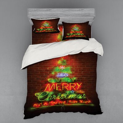 Neon Sign Have A Merry X-Mas and Happy New Year Phrase Against the Wall Print Duvet Cover Set -  Ambesonne, bsnev_20288_queen