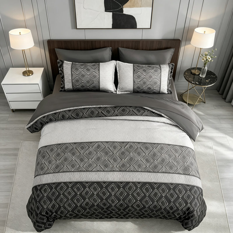 Ensemble de couette bohème gris foncé Queen 7 pièces dans un sac
