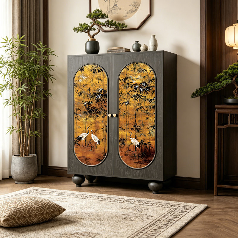 Bamboo Crane Pattern Solid Wood Storage Cabinet