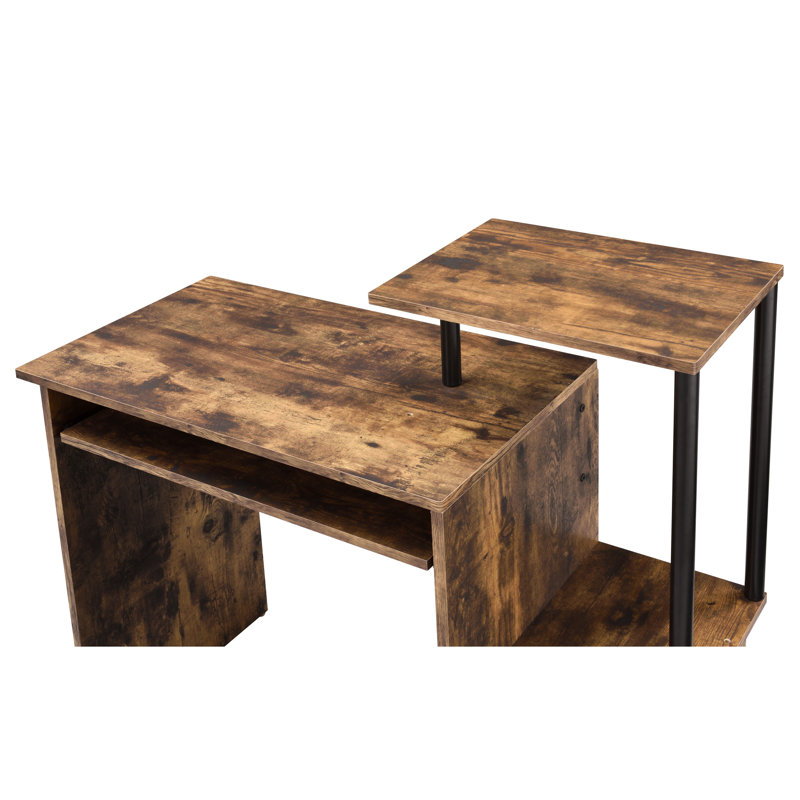 Bureau d'ordinateur noir et chêne avec plateau pour clavier, compartiment de rangement et étagère, plateau rectangulaire en placage métallique vieilli, tablette
