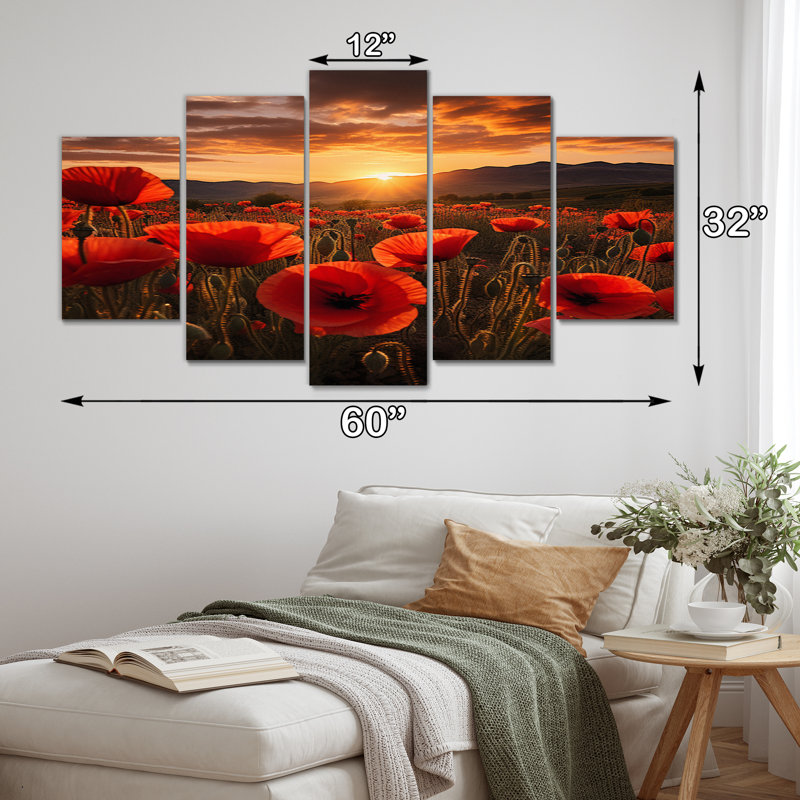 Champ de coquelicots avec coucher de soleil - décoration murale florale - 5 panneaux