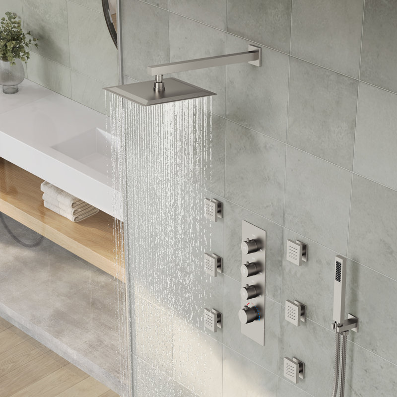 Système de douche thermostatique, robinet de douche à pluie haute pression 12 "avec valve brute, Nickel brossé