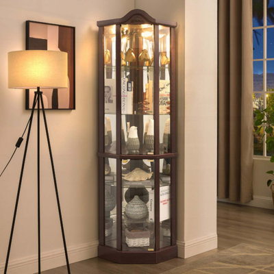 Vitrine d'angle vitrée lumineuse avec tablettes réglables