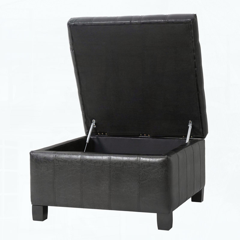 Square Storage Ottoman with Lift-Top, Black PU, Rubber Wood Legs, 300 lbs Capacity, Black
