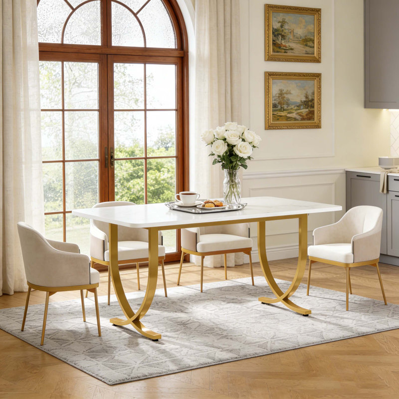 Table de salle à manger moderne avec plateau en faux marbre, Blanc et or