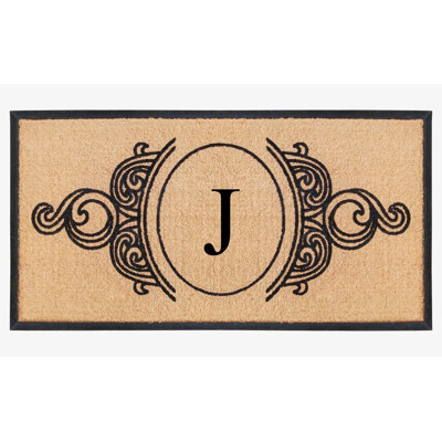 Tapis de porte en fibre de coco naturel et en caoutchouc monogrammé à la main Jahkobe Floral - 30 po x 60 po, robuste, durable et durable