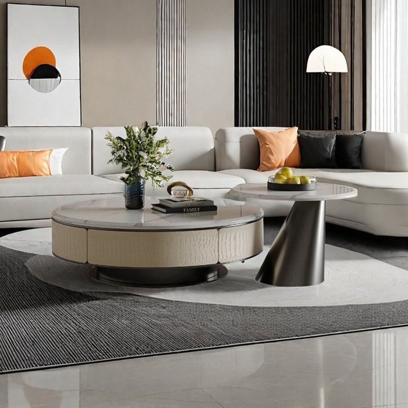 Table basse ronde en marbre clair de luxe léger, H 12,99 po x L 31,49 po x l 31,49 po
