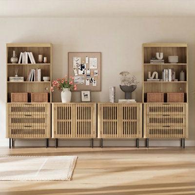 72.8" H X 126" W Kitchen Pantry Storage Cabinet, Kitchen Hutch With Adjustable Shelf, Push-to-open Door & large Drawers, Oak