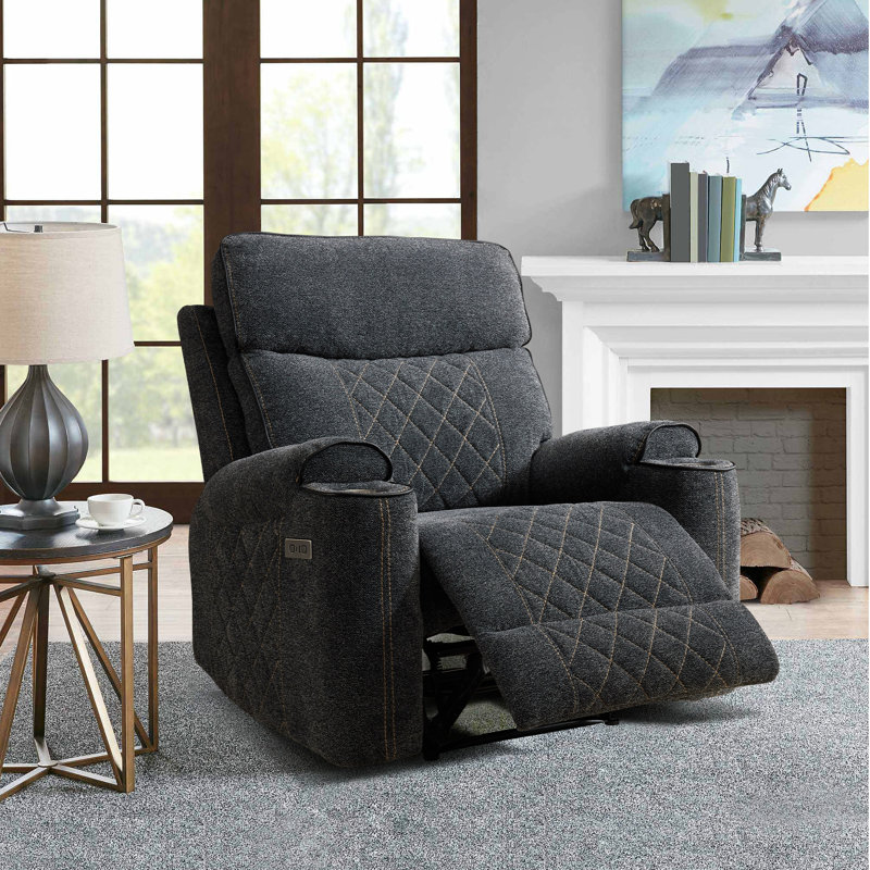 38.8" W Chenille Power Recliner, Dark Gray Chenille