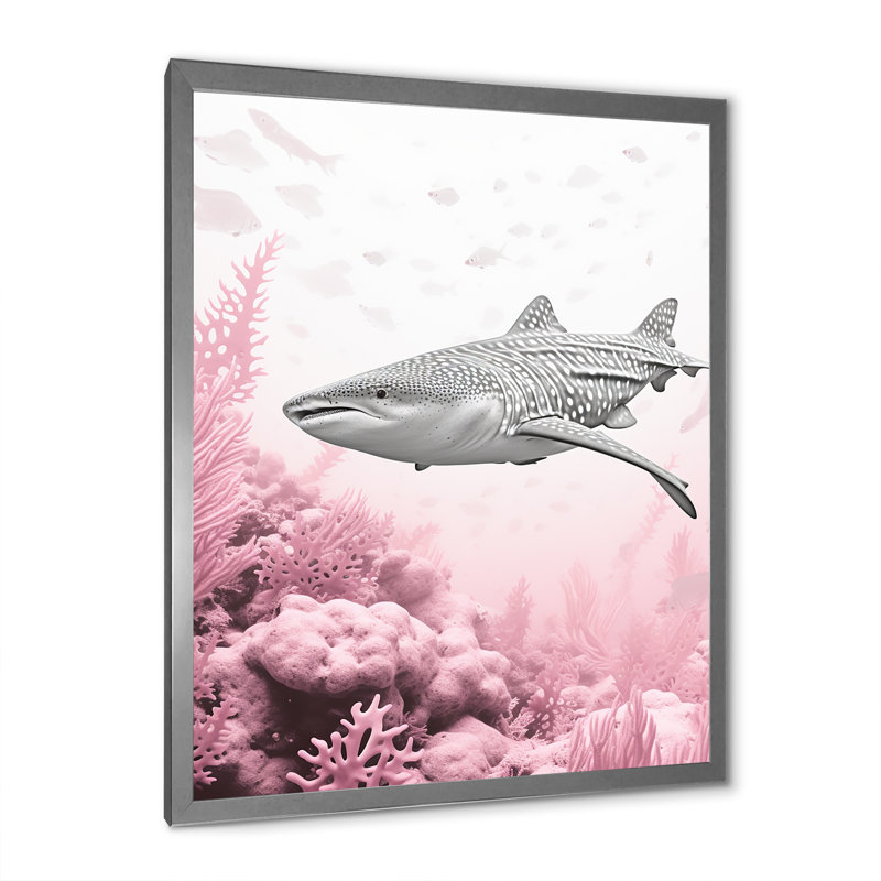 Danse du requin rose et gris, H 44 po x l 34 po x P 1,5 po, Cadre simple argenté