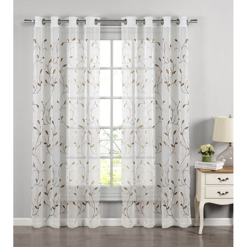 Ajay Floral Embroidered Sheer Grommet Single Curtain Panel, Chocolate, 54" W x 96" L