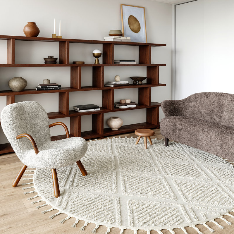 Jemier Textured Tile Ivory Area Rug, Round 6'