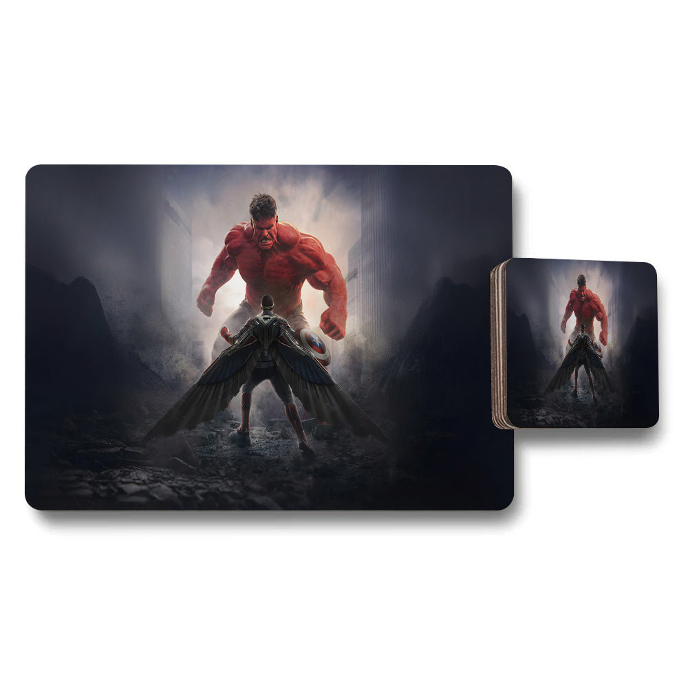 Epic Hulk Battle Placemats and Coaster Set With Dramatic Artwork