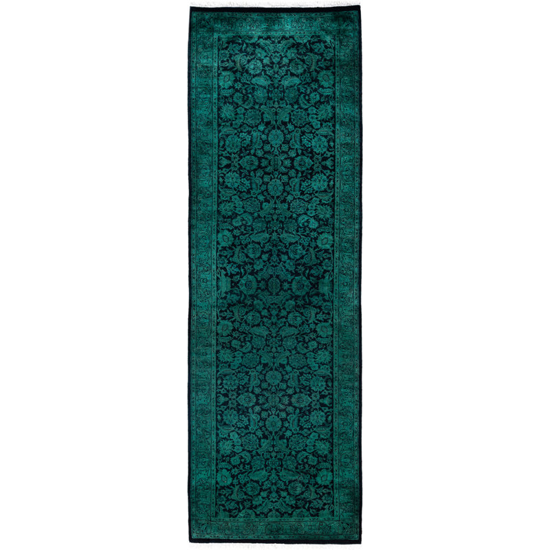 Tapis de couloir vert en laine noué à la main Cunha 2 pi 7 po x 8 pi 3 po