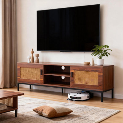 Vintage Walnut Rattan Tv Stand For Tvs Up To 65''