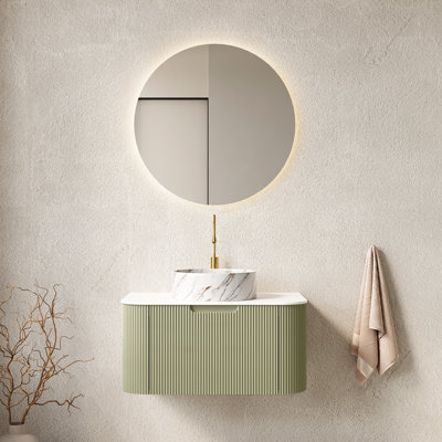 Meuble-lavabo de 30 po avec lavabo rond en céramique à motif de pierre blanche, armoire de rangement à rayures 3D, pré-assemblé, grand espace, tiroir à fermeture en douceur
