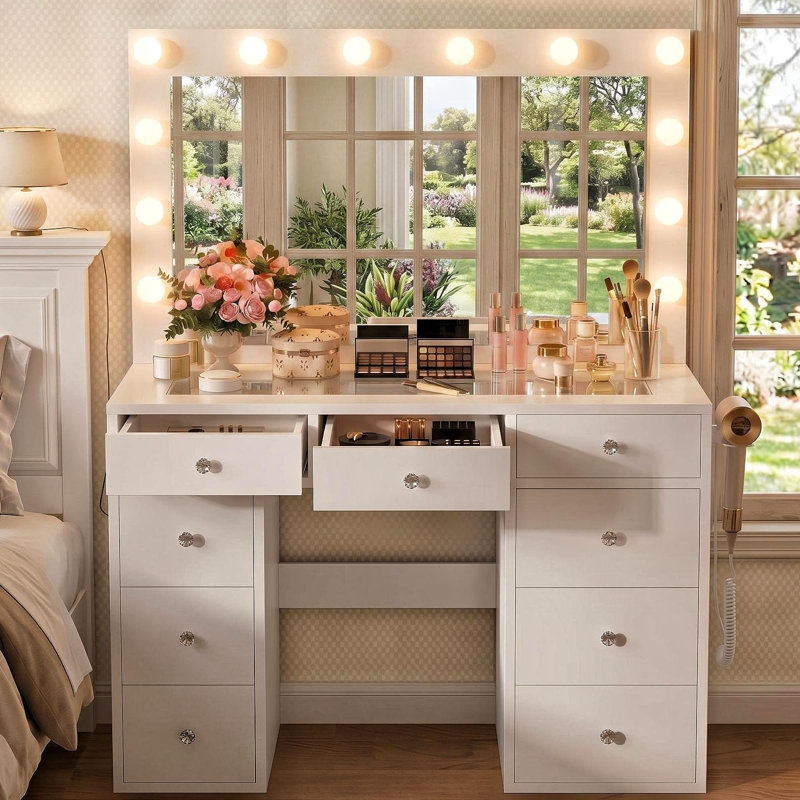 Table de coiffeuse en verre avec lumières DEL, 11 tiroirs, grand miroir, prise de courant, bureau de maquillage en bois pour la chambre ou le salon