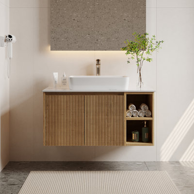 Dexheart 35.8'' Brown Single Bathroom Vanity with Cultured Marble Top