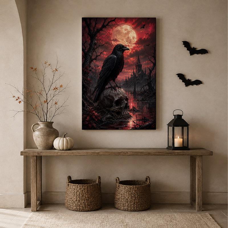 Raven perché sur un crâne près du château gothique sous Halloween, art mural sur toile, 48"H x 32"W