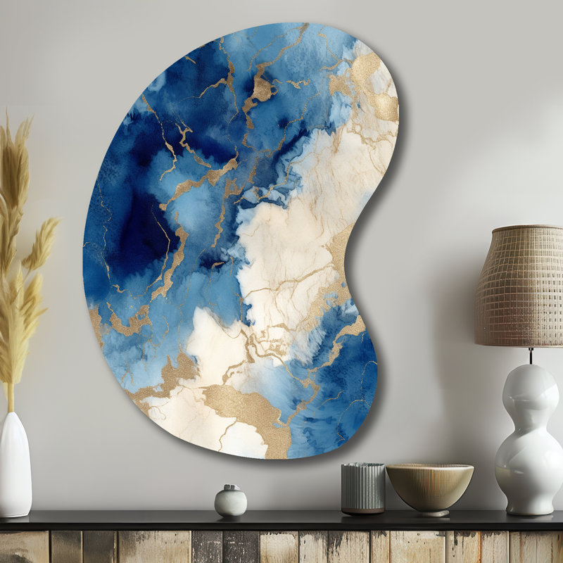 «Blue and Gold Marble Clouds X - Unique Shape Fractals», art mural, reproduction de sculpture murale asymétrique en métal
