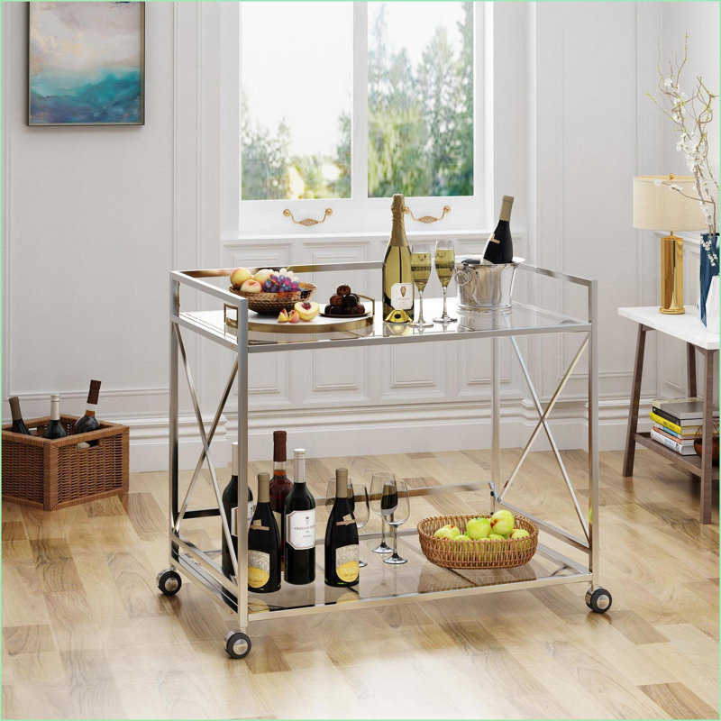 Chariot-bar, Art déco moderne à 2 niveaux | Verre trempé | Métal argenté brossé | Verre et métal