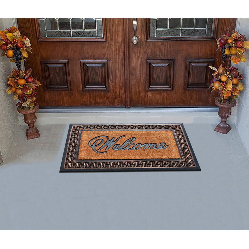 Codnor Natural Coir & Rubber Non-Slip Heavy-Duty “Welcome” Doormat – 23" x 38" Indoor/Outdoor Entry Mat, Checkered Border, Bronze