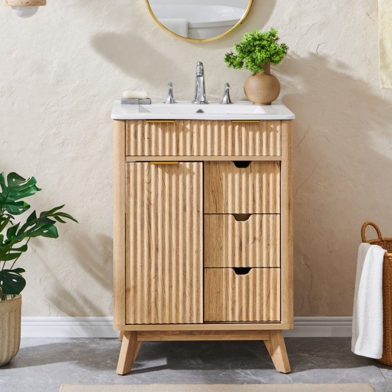 24" Single Bathroom Vanity With Ceramic Sink Top, Soft-close Doors, Oak