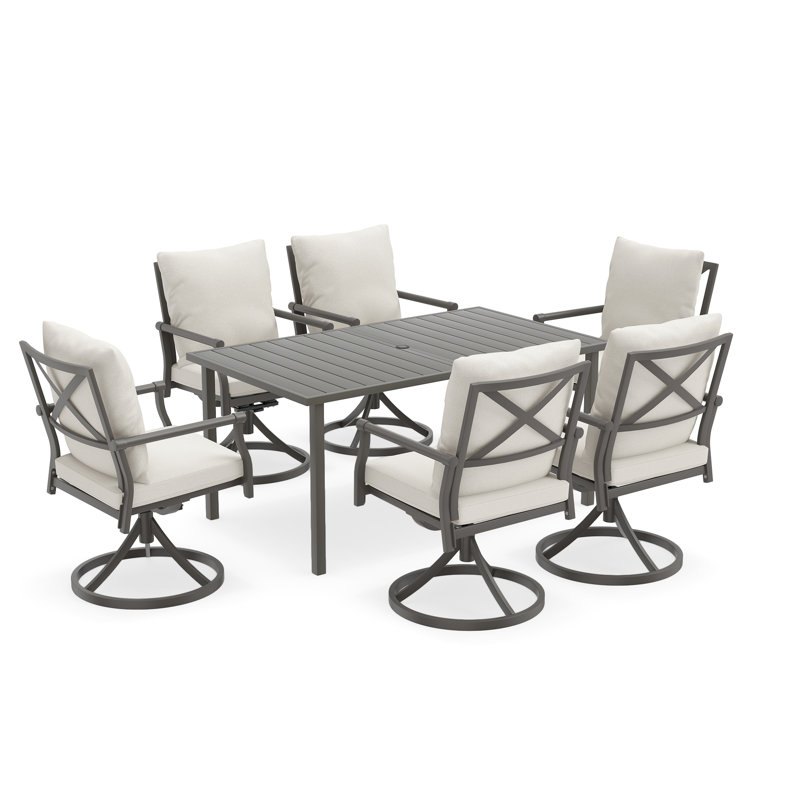 Urbanease 7-Piece Metal Patio Dining Set With 6 Swivel Chairs, Beige Cushions And Umbrella Hole, 28.3" H x 59.8" W x 35" D, 6