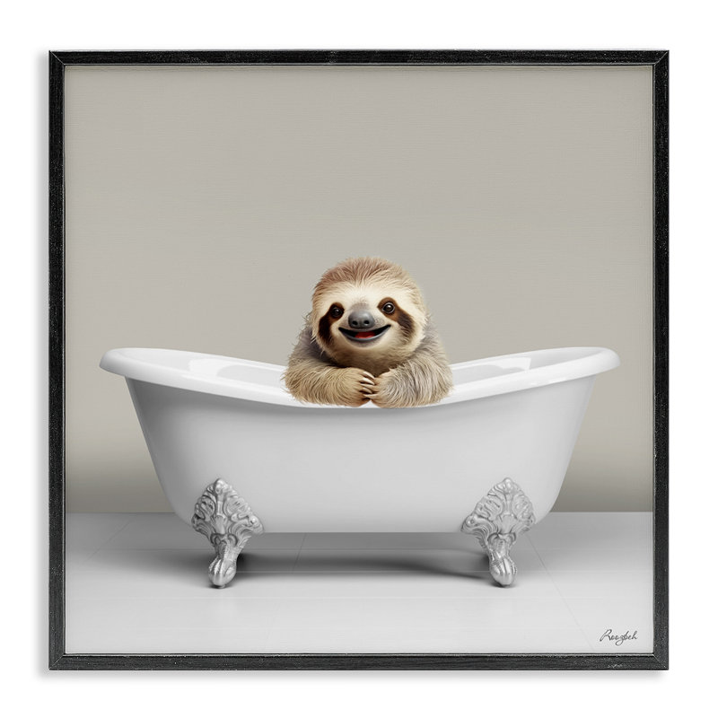 «Happy Sloth In Bathaign» encadré sur bois par Roozbeh, H 12 po x l 12 po x P 1,5 po, Giclée encadrée noir minuit