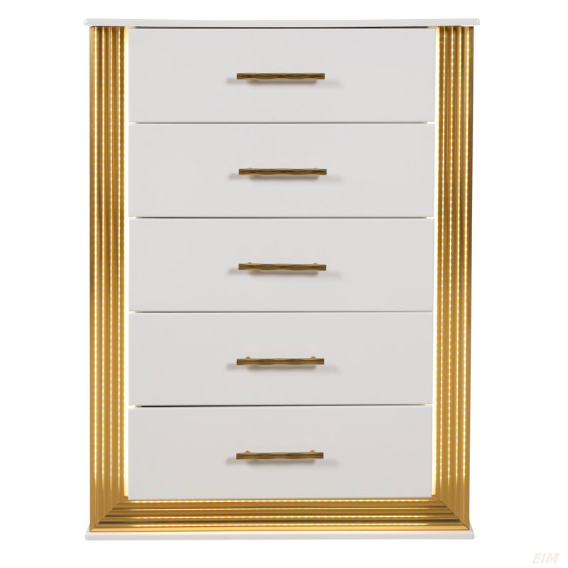 Commode 5 tiroirs de style contemporain en bois et finition dorée