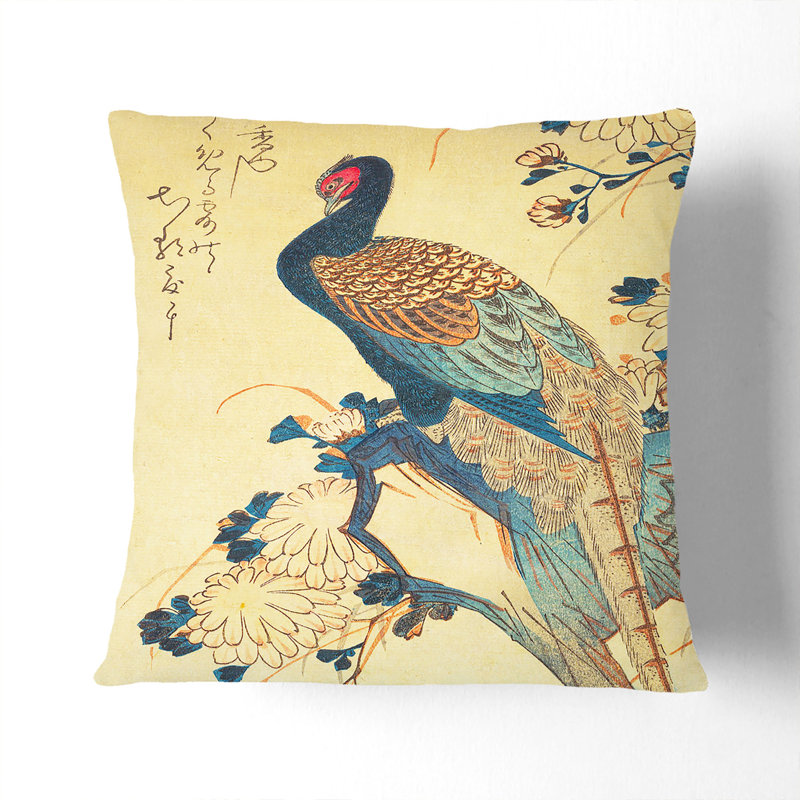 Pheasant and Chrysanthemums by Utagawa Hiroshige Cushion with Filling, 40cm H x 40cm W x 15cm D
