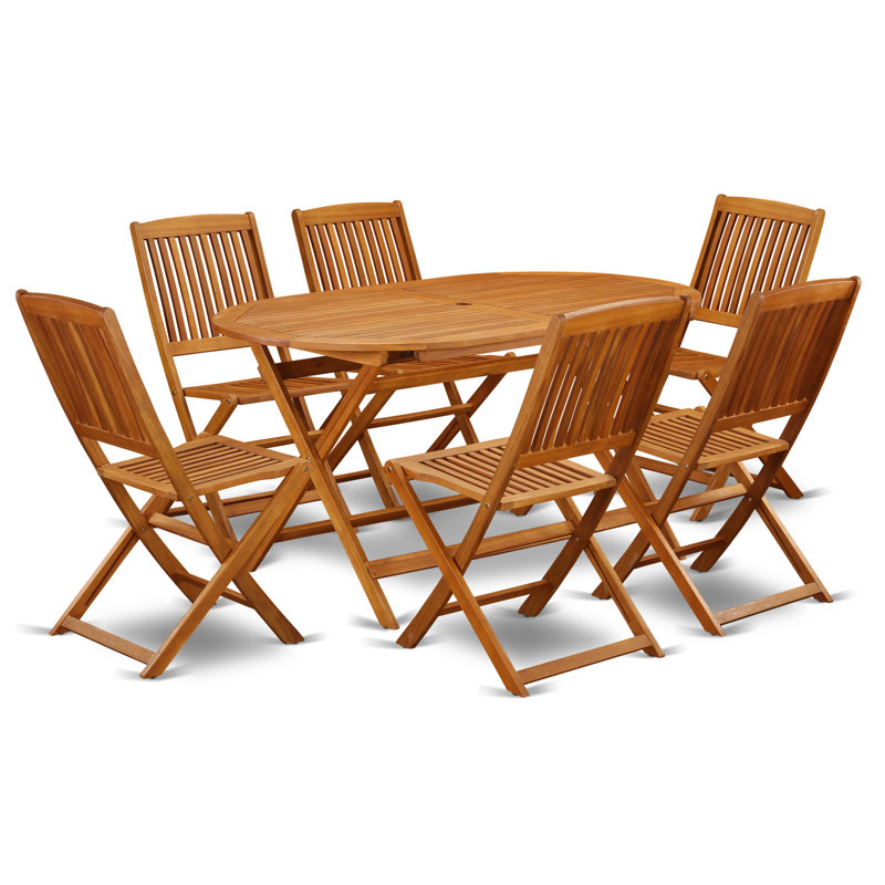 7 Piece Patio Dining Set Consist of an Oval Outdoor Acacia Wood Table and 6 Folding Side Chairs, 36x60 Inch, Natural Oil