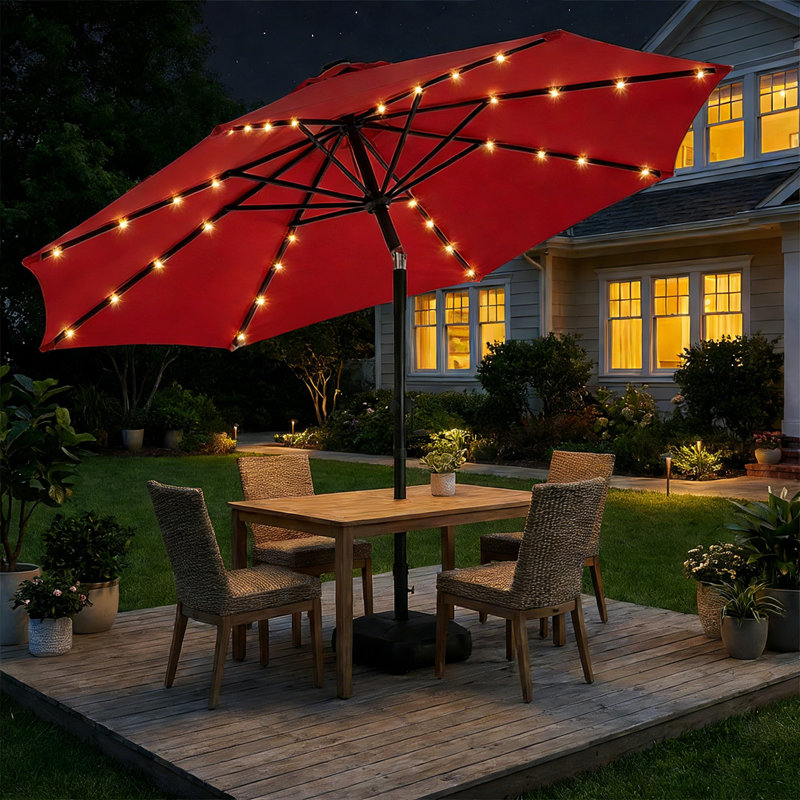 Parasol solaire à DEL avec base et bouton-poussoir, Rouge, H 100 po x l 120 po x P 120 po
