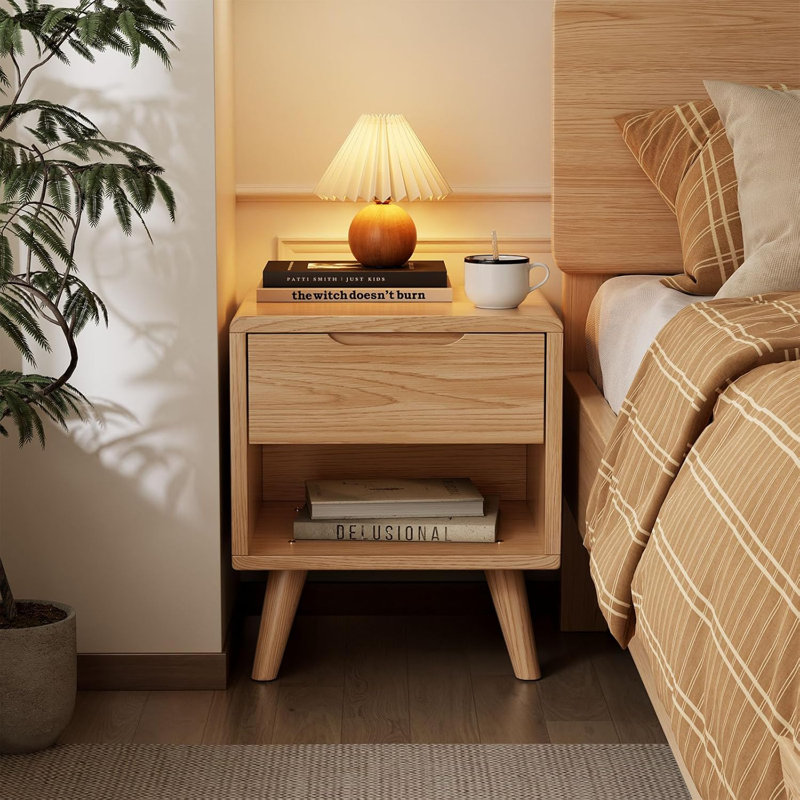 Table de chevet Mid-Century moderne en bois massif avec tiroirs, bords courbés polis à la main, surface imperméable, assemblage facile, table de chevet compacte pour la chambre à coucher et le salon