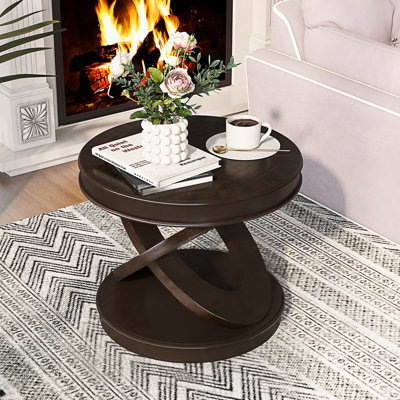 Table de bout ronde en bois rétro, table d'appoint avec base en X pour salle à manger ou salon en famille.  Espresso