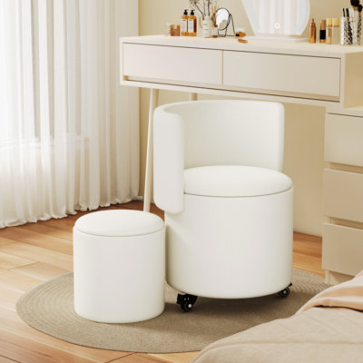 XUEGW Round Faux Leather Swivel Rolling Vanity Stool with Storage and Foldable Backrest, White