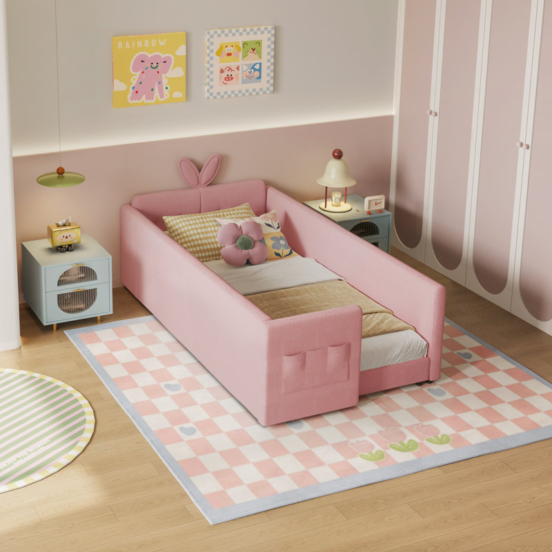 Twin Size Upholstered Platform Bed With Cute Rabbit Ear Shaped Headboard, Safety Rail, And Convenient Storage Pocket, Boucle Fabric – Perfect For Kids' Bedroom