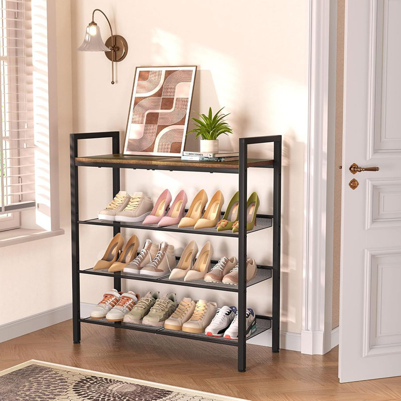 Étagère à houe pour porte d'entrée, étagère à chaussures à 4 niveaux pour l'entrée, 12 à 16 paires de chaussures, étagère à chaussures en métal