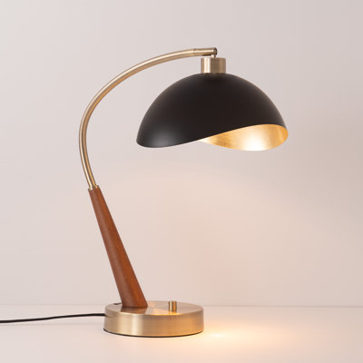 Luna Bella Boomerang Table Lamp - Dark Walnut/Weathered Brass Steel Body, Half-Dome Matte Black/Gold Shade, 32" Tall, NOVA Dimmer