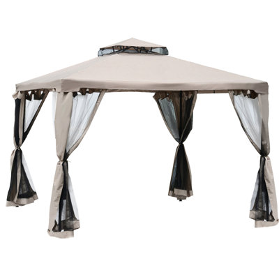 9.6' X Outdoor Gazebo Canopy, 2 Roof & Netting. Blocking, Steel Construction For Garden Lawn Backyard Deck, Taupe, Spacious Canopy Gazebo, Frame, With And Netting, Resistance Garden, Lawn, Backyard,