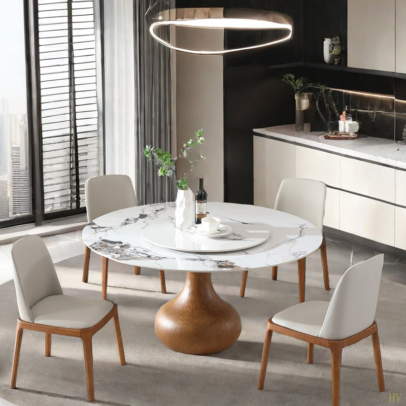 Table de salle à manger moderne en marbre, table ronde en pierre frittée de 59 po pour la salle à manger, cuisine, coin-repas, espace compact avec plateau tournant (table seulement)